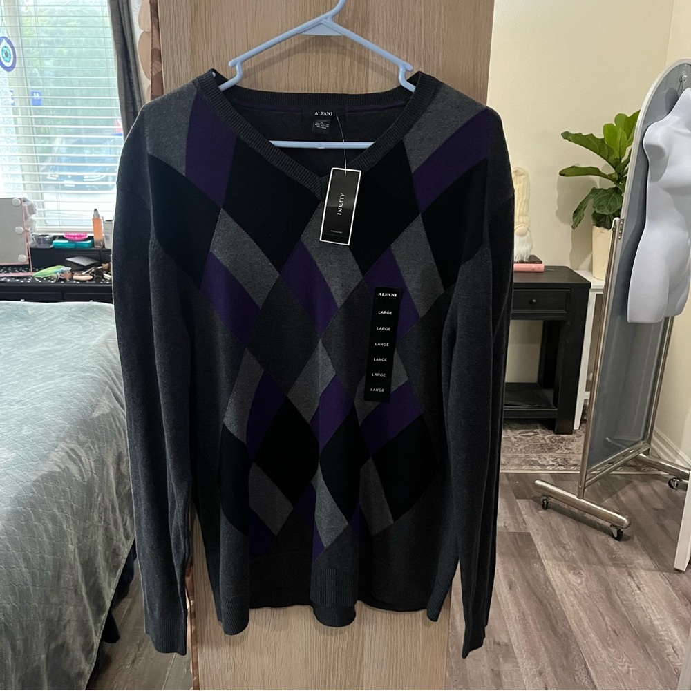Alfani Mens Argyle V-Neck Sweater Purple Grey Black Cotton‎ Knit Large NWT
